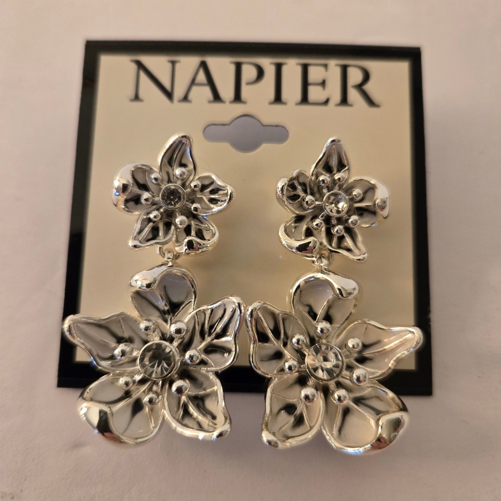 Napier Drop Earrings Women OS Silver NWT Floral Rhinestone Double Flower 15FLOW